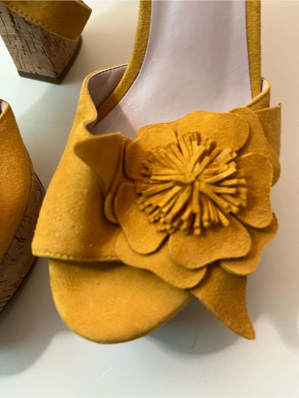 Nine West Yellow Suede Floral Appliqué Platform Heels